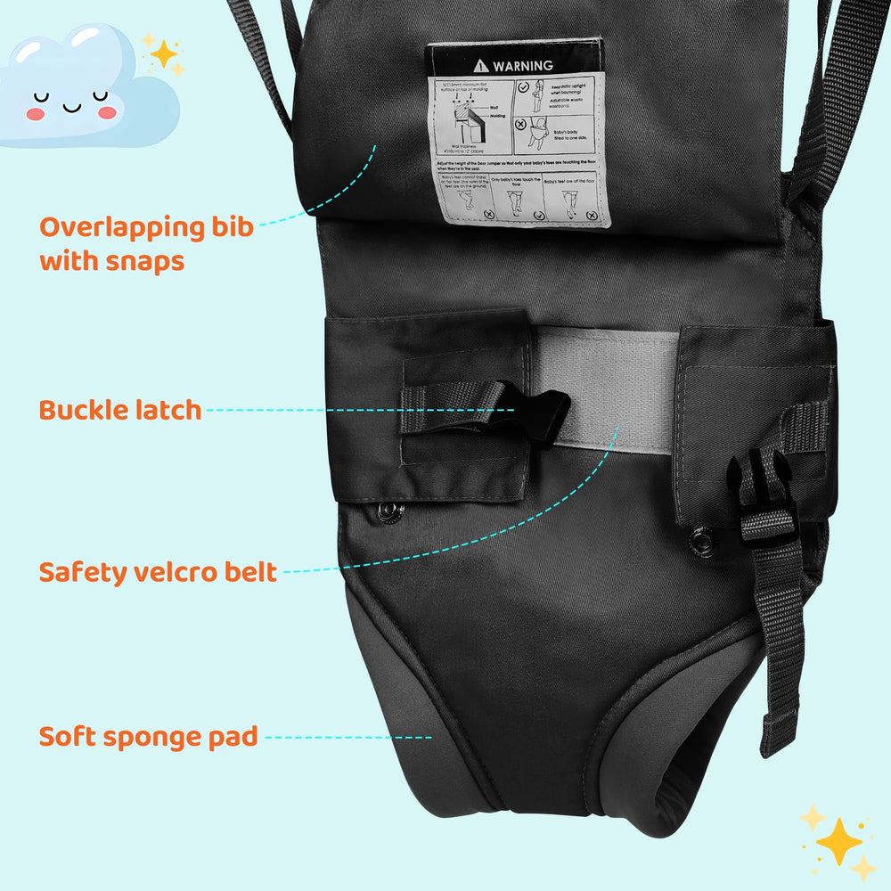 Cowiewie Baby Door Jumper features adjustable height to fit growing babies and door frames.