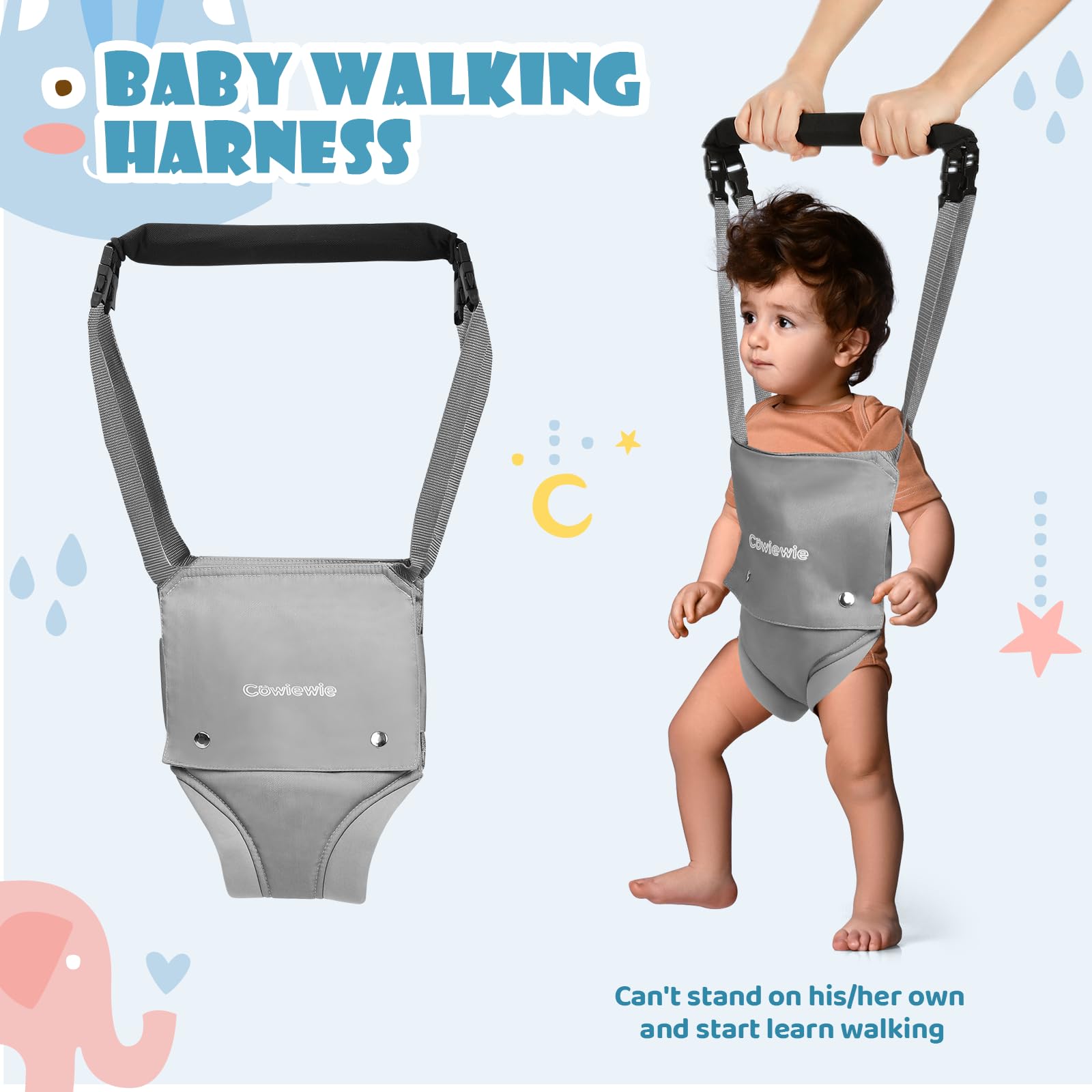 Cowiewie baby walking harness attachment shows early steps with added support and supervision.