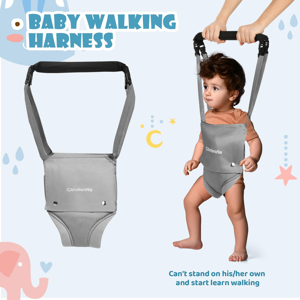 Cowiewie baby walking harness attachment shows early steps with added support and supervision.