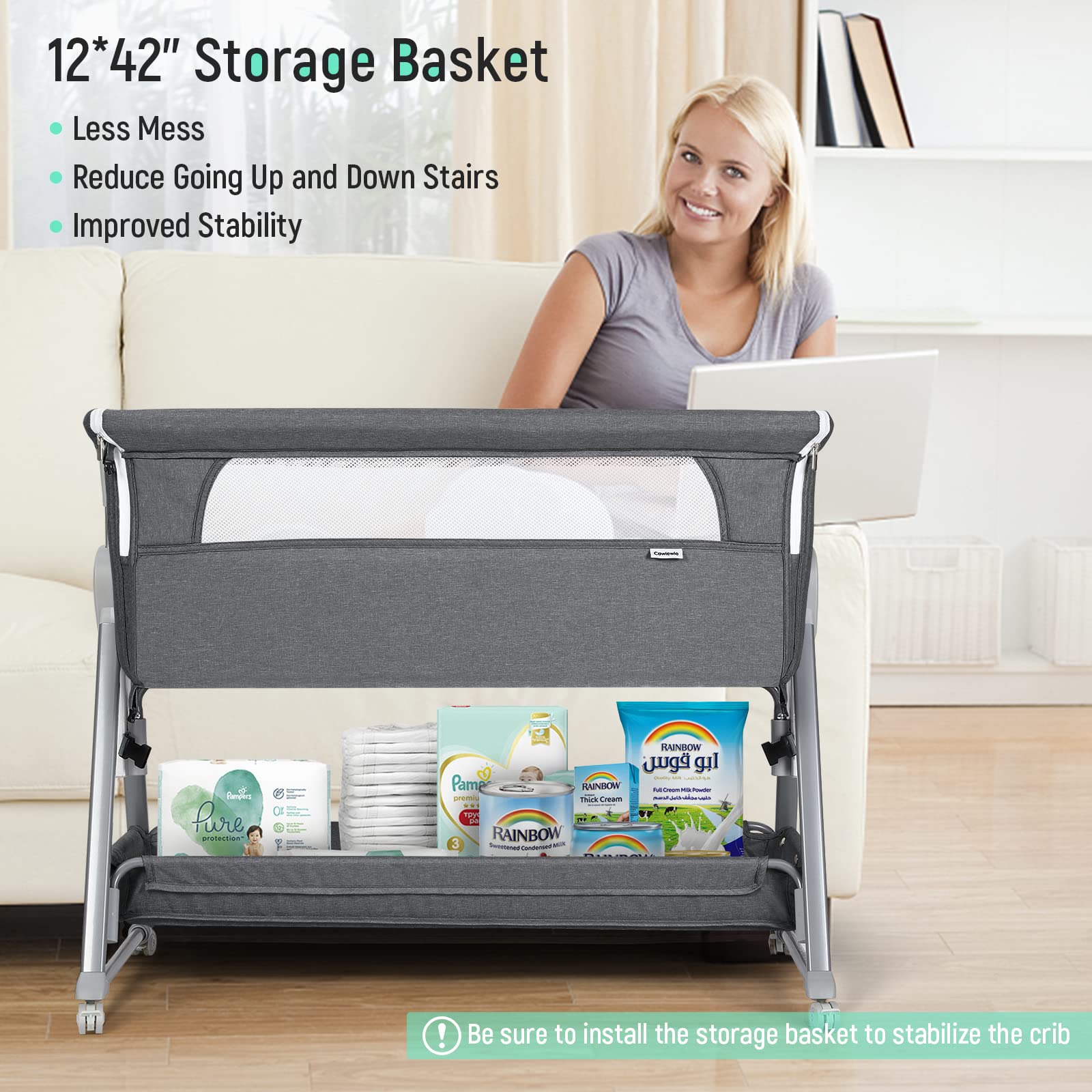 Cowiewie bassinet offers 2-in-1 mode for day and night use.