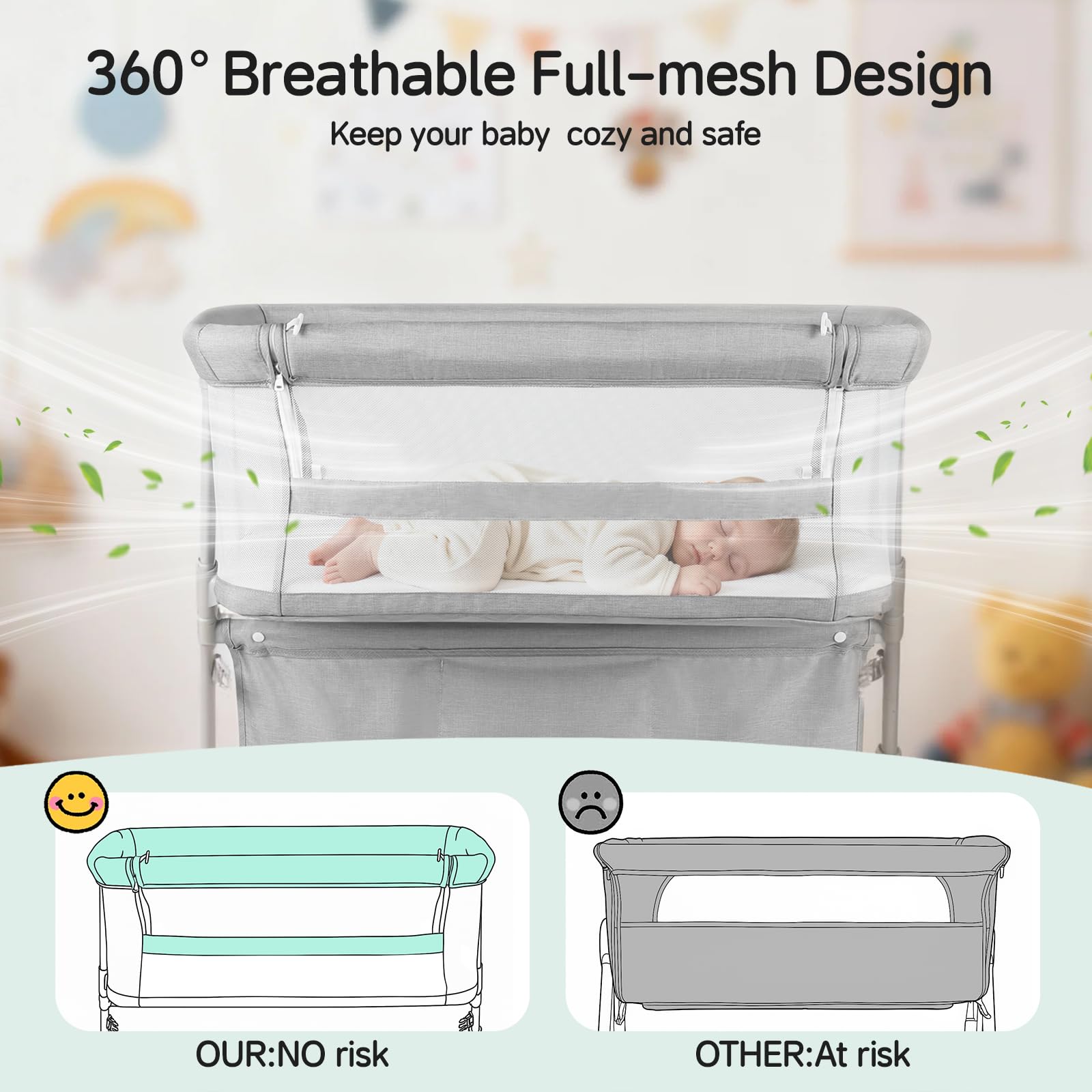 Cowiewie bassinet 360-mesh offers breathable visibility for monitoring