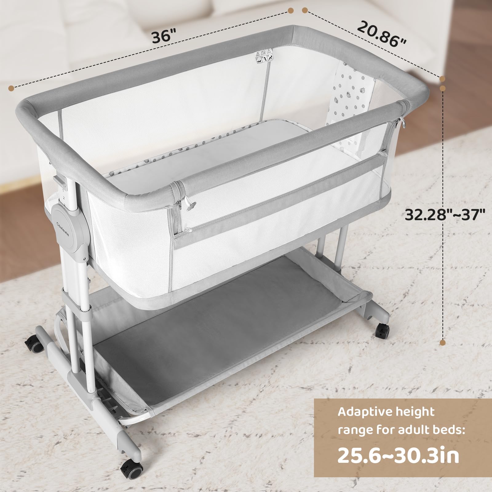 Cowiewie Bassinet 4 auto-lock wheels for smooth room-to-room mobility.