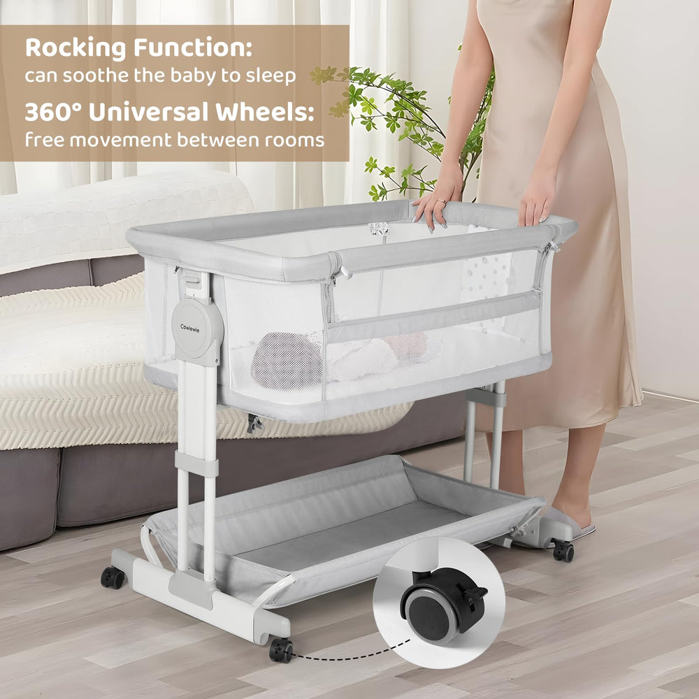 Cowiewie Bassinet 7-height adjustable to align with adult beds.