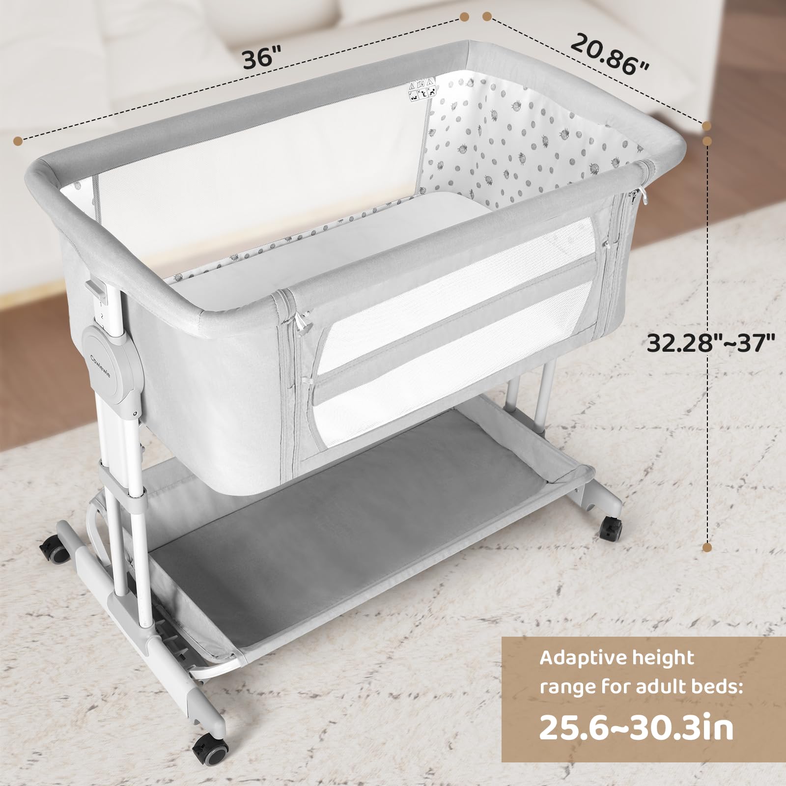 Cowiewie bassinet 7-height adjustable height matches bed height.