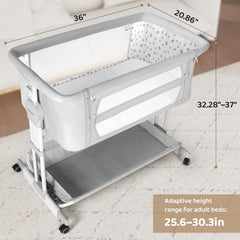 Cowiewie bassinet 7-height adjustable height matches bed height.