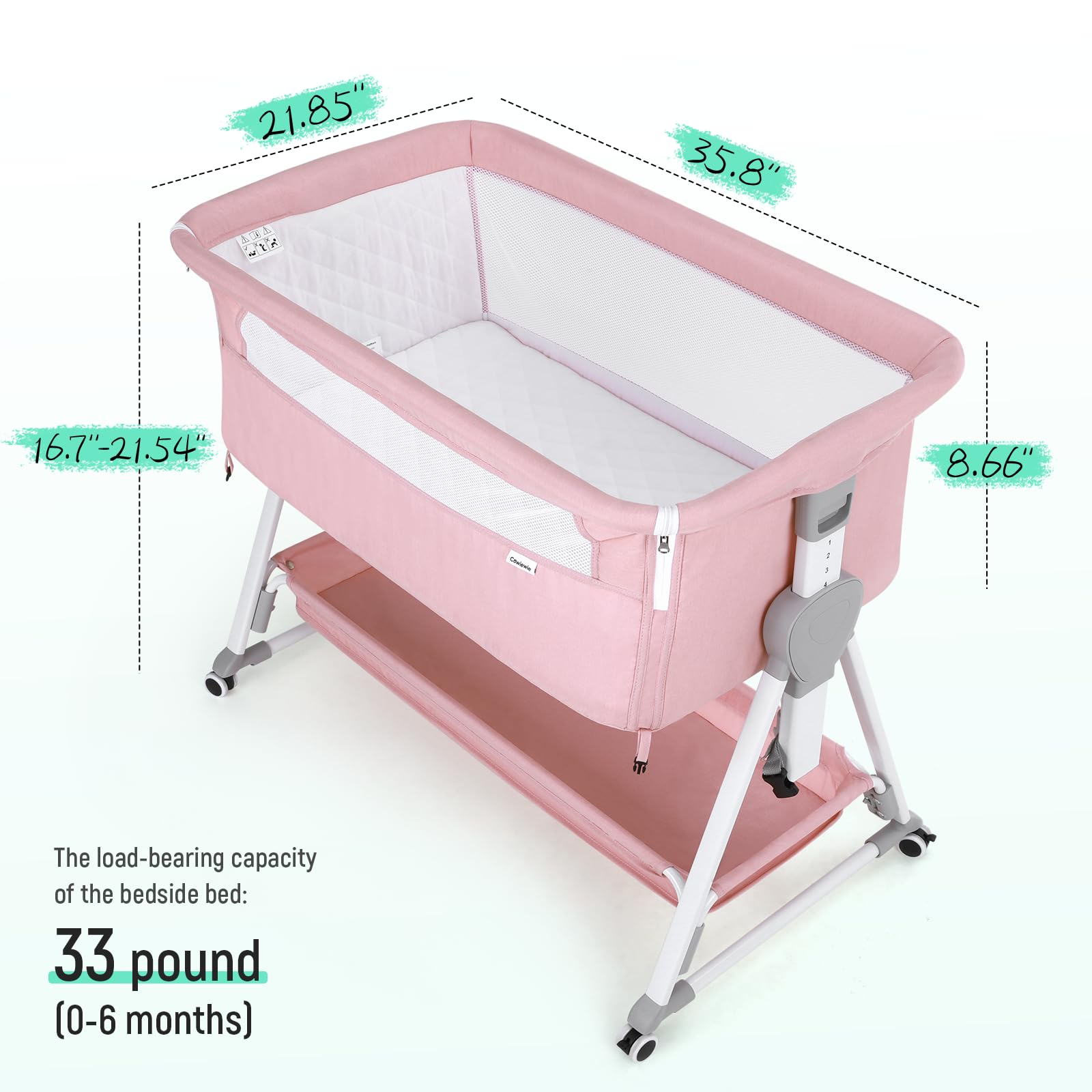 Cowiewie Bassinet demonstrates 7-height adjustment for easy night-time access.