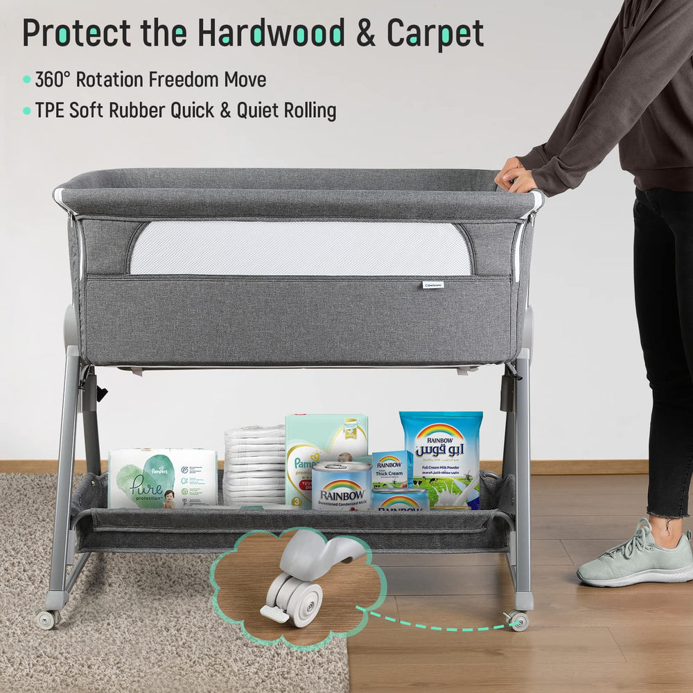 Cowiewie bassinet demonstrates 7-height adjustment for bed-height compatibility.