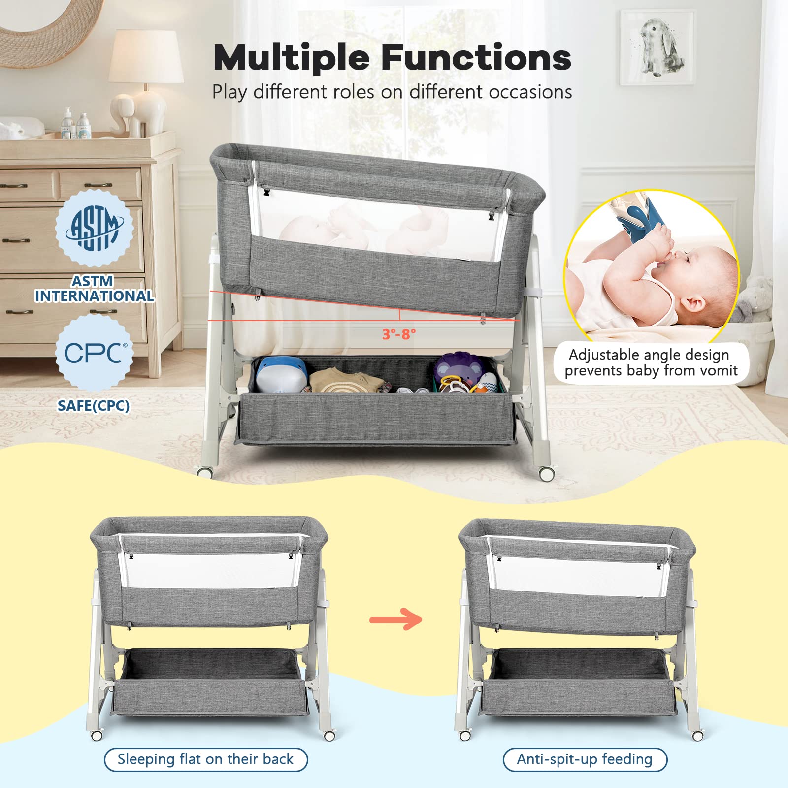 Cowiewie Bassinet angled crib nursing access highlighted for convenient feeding