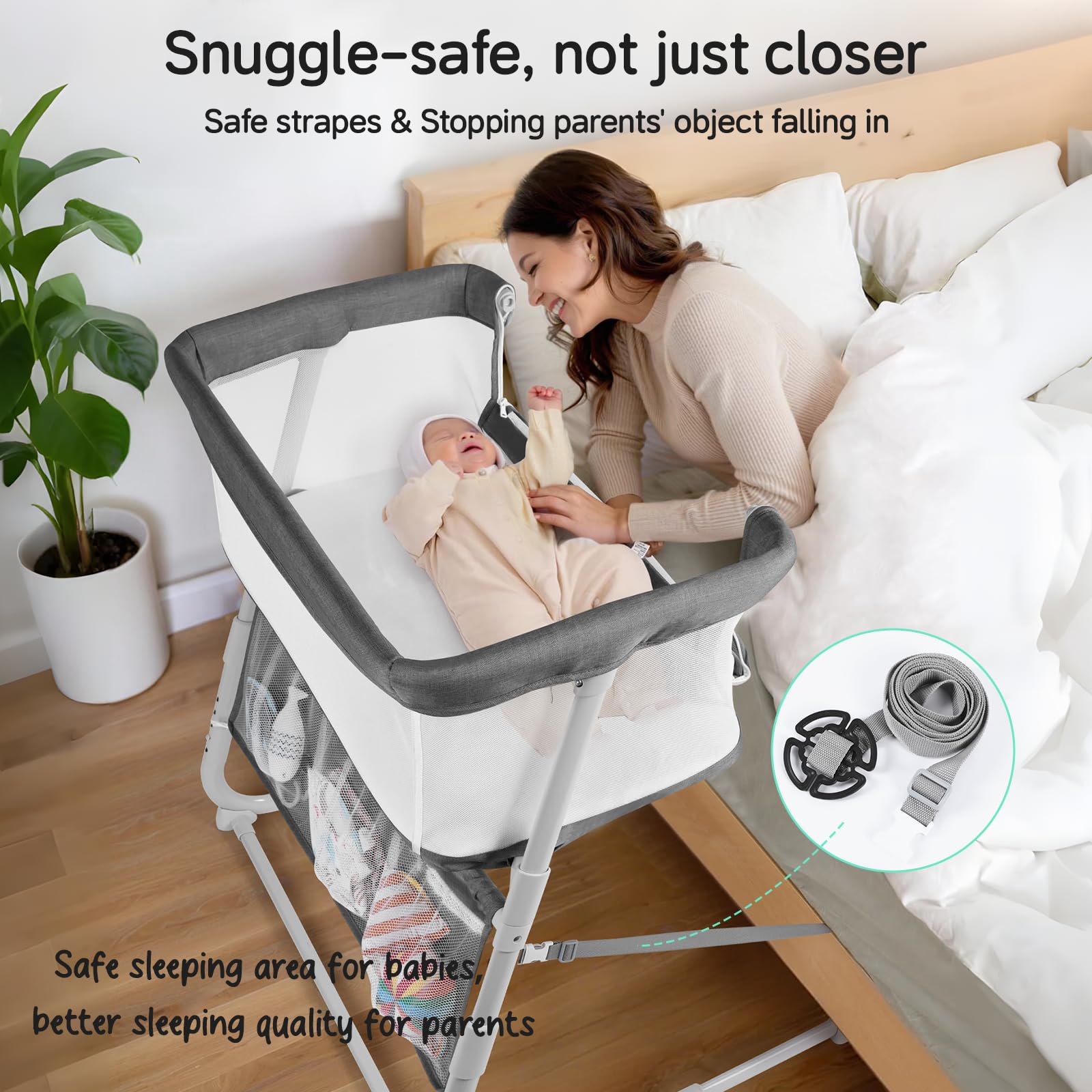 Cowiewie Bassinet see-through mesh lets you monitor baby during soothing feeds