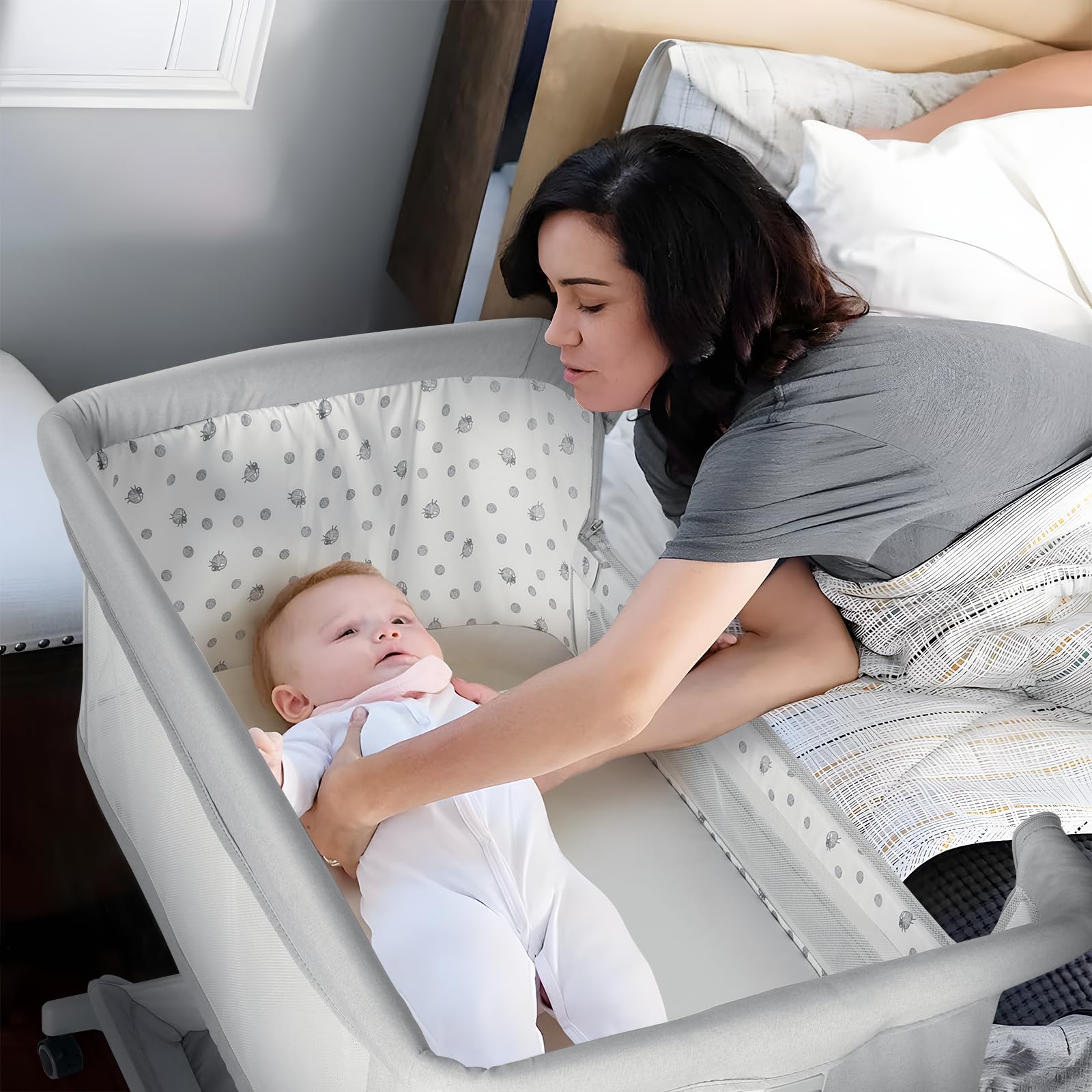 Cowiewie bassinet converts to a bed-side attachment for nursing.