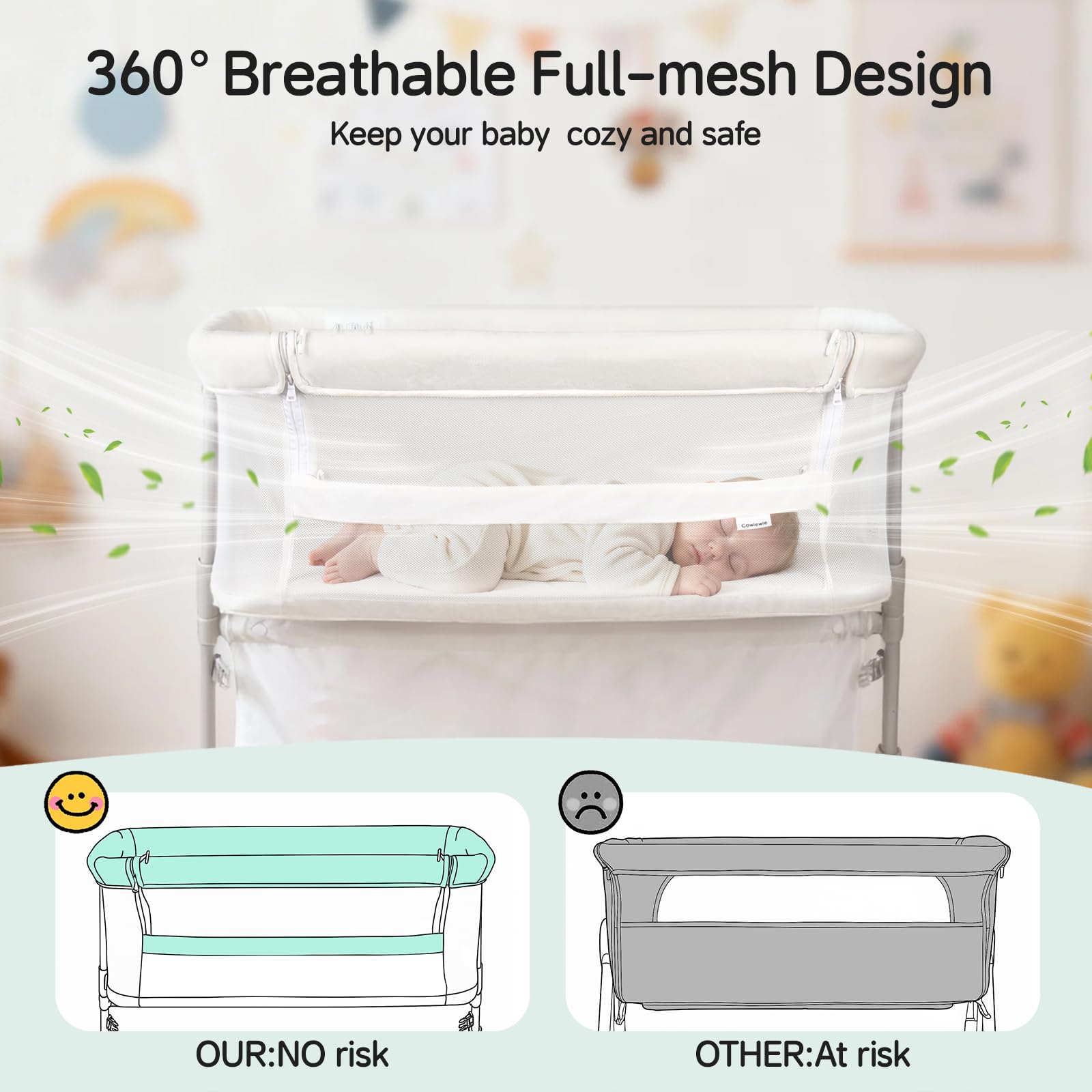Cowiewie bassinet bedside sleeper 360 mesh sides ensure airflow and constant eye contact with baby.