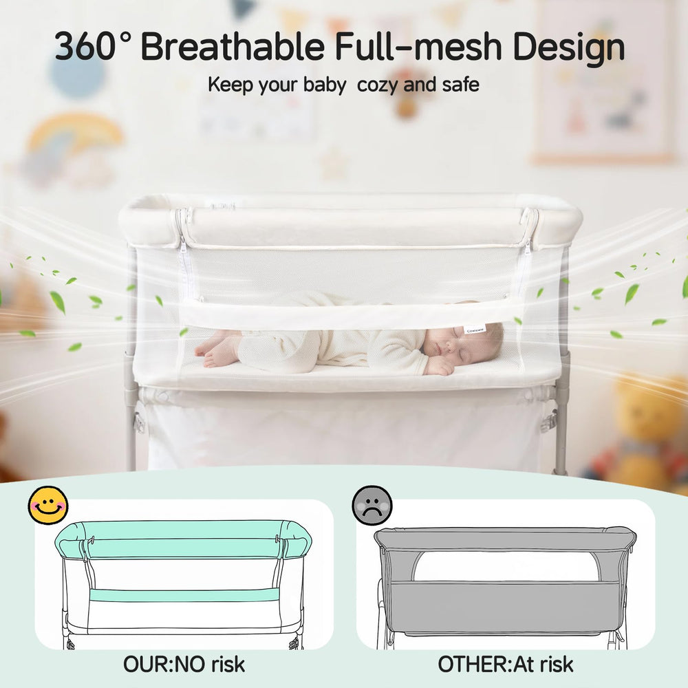 Cowiewie bassinet bedside sleeper 360 mesh sides ensure airflow and constant eye contact with baby.