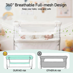 Cowiewie bassinet bedside sleeper 360 mesh sides ensure airflow and constant eye contact with baby.