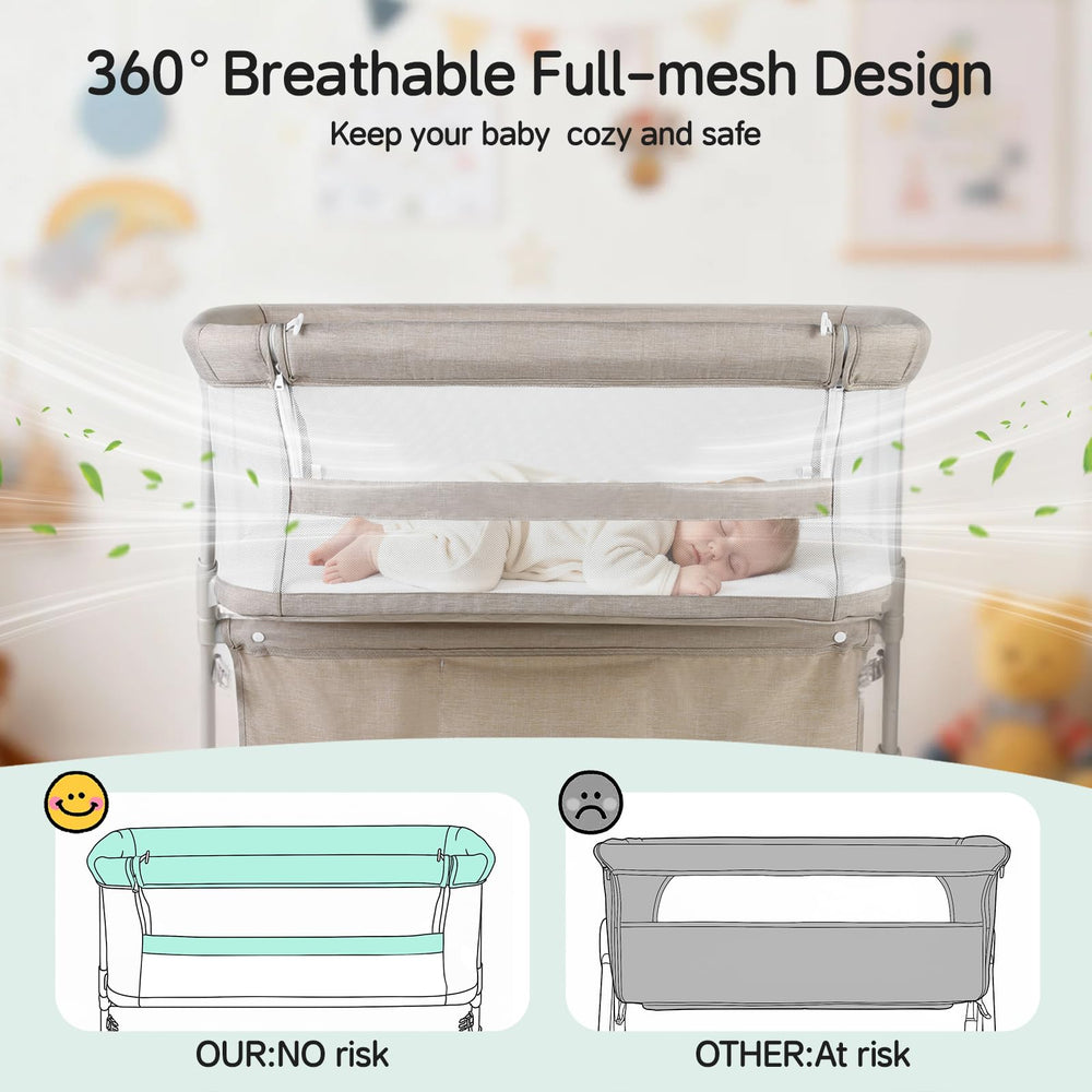 Cowiewie bassinet bedside sleeper 360° mesh sides for airflow and visibility