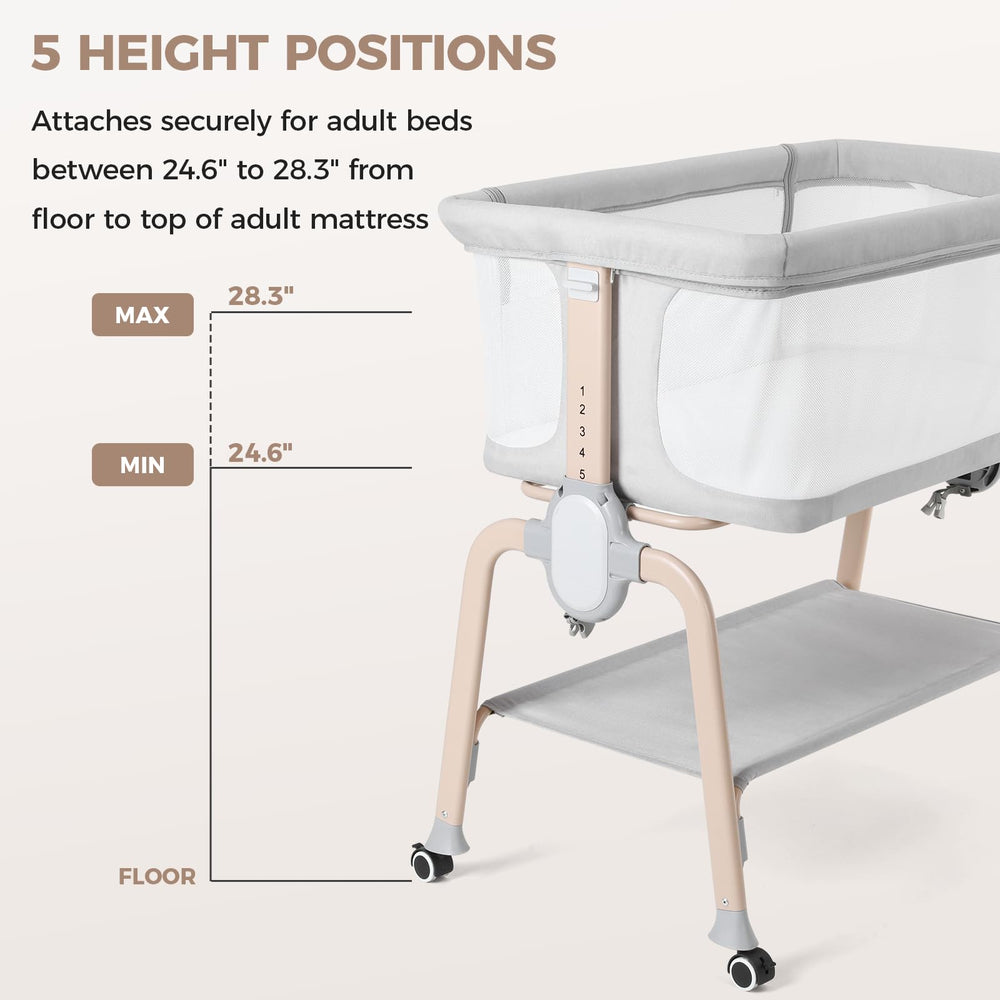 Cowiewie bassinet with five adjustable heights aligned to bed height.