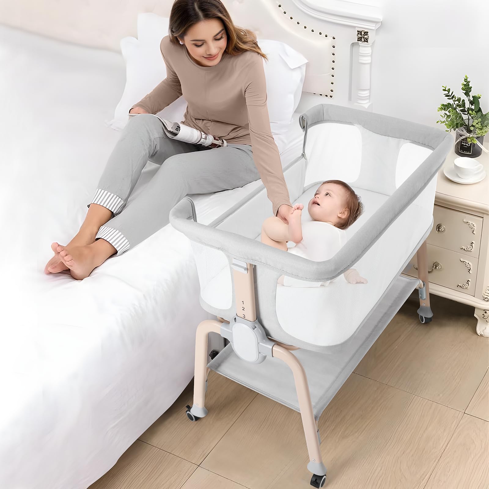Cowiewie bassinet bedside sleeper setup showing quick tool-free assembly.