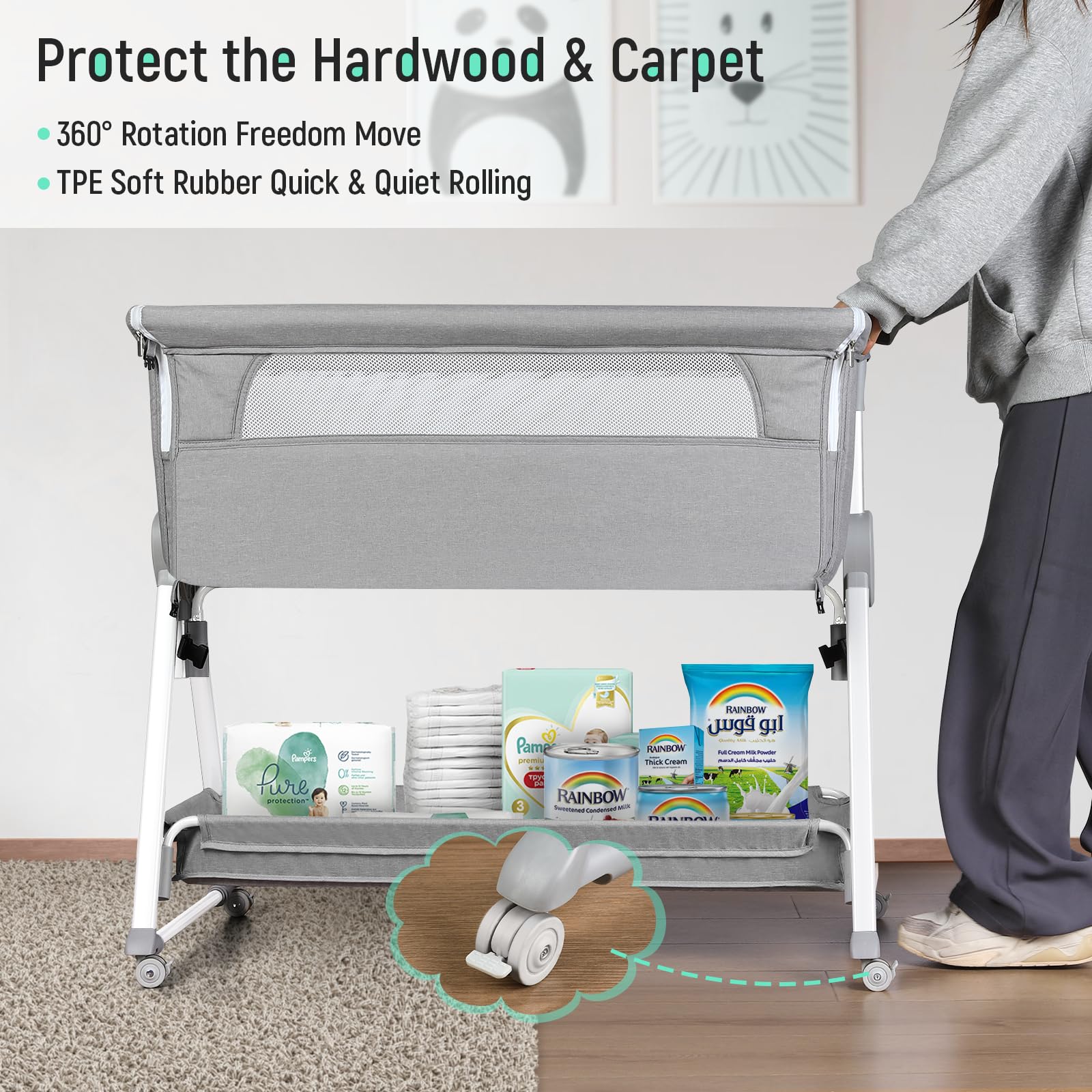 Cowiewie Bassinet Bedside Sleeper features breathable 3D mesh for airflow and comfort