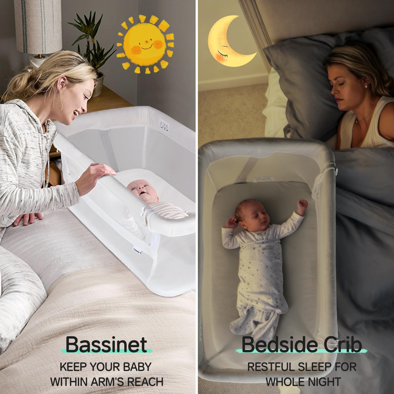 Cowiewie bassinet bedside sleeper easy-clean fabric aids quick stain wipe-downs.