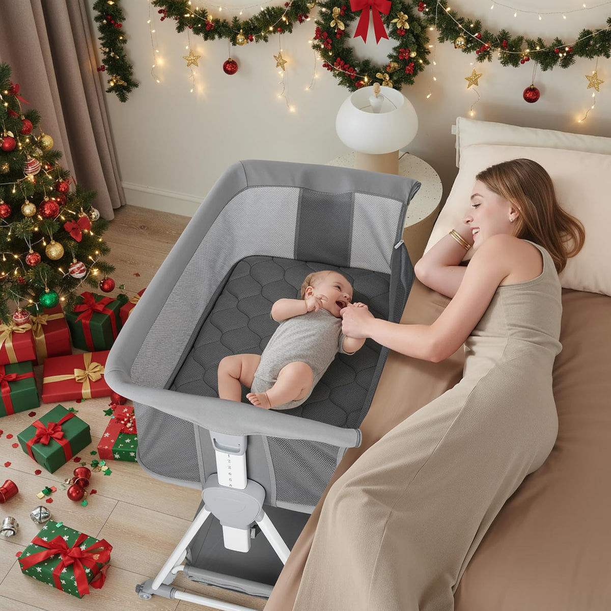 Cowiewie bassinet bedside sleeper full-assembly shows sturdy pyramid base for safety and easy setup.