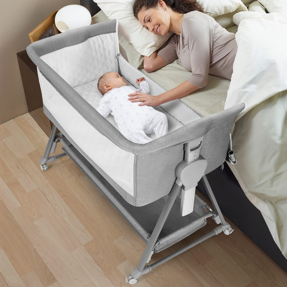 Cowiewie Bassinet Bedside Sleeper full view showing stable pyramid base.