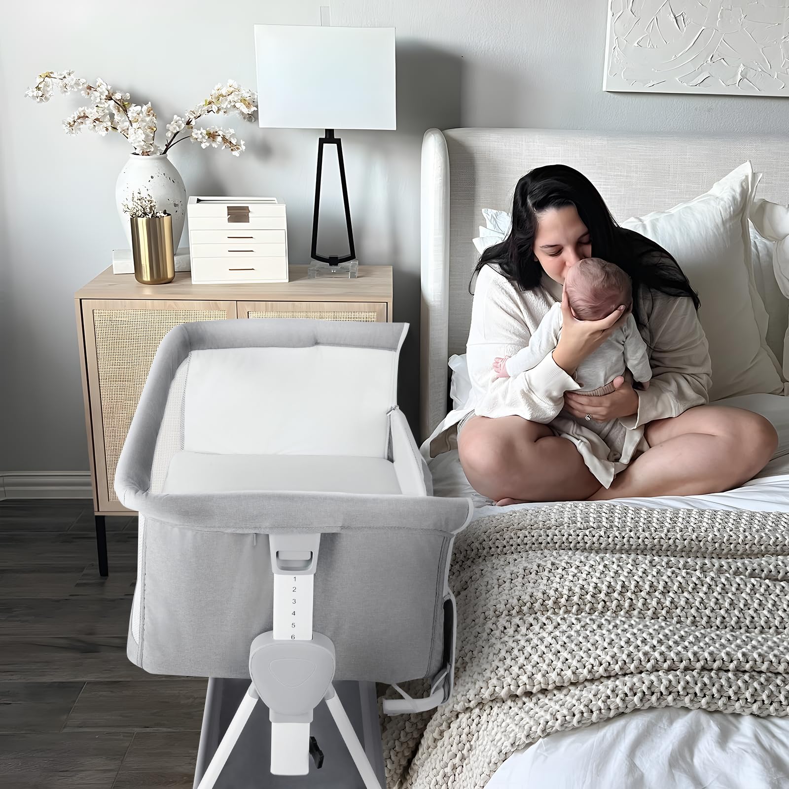Cowiewie Bassinet Bedside Sleeper demonstrates a 99 gap-free bed attachment for easy reach