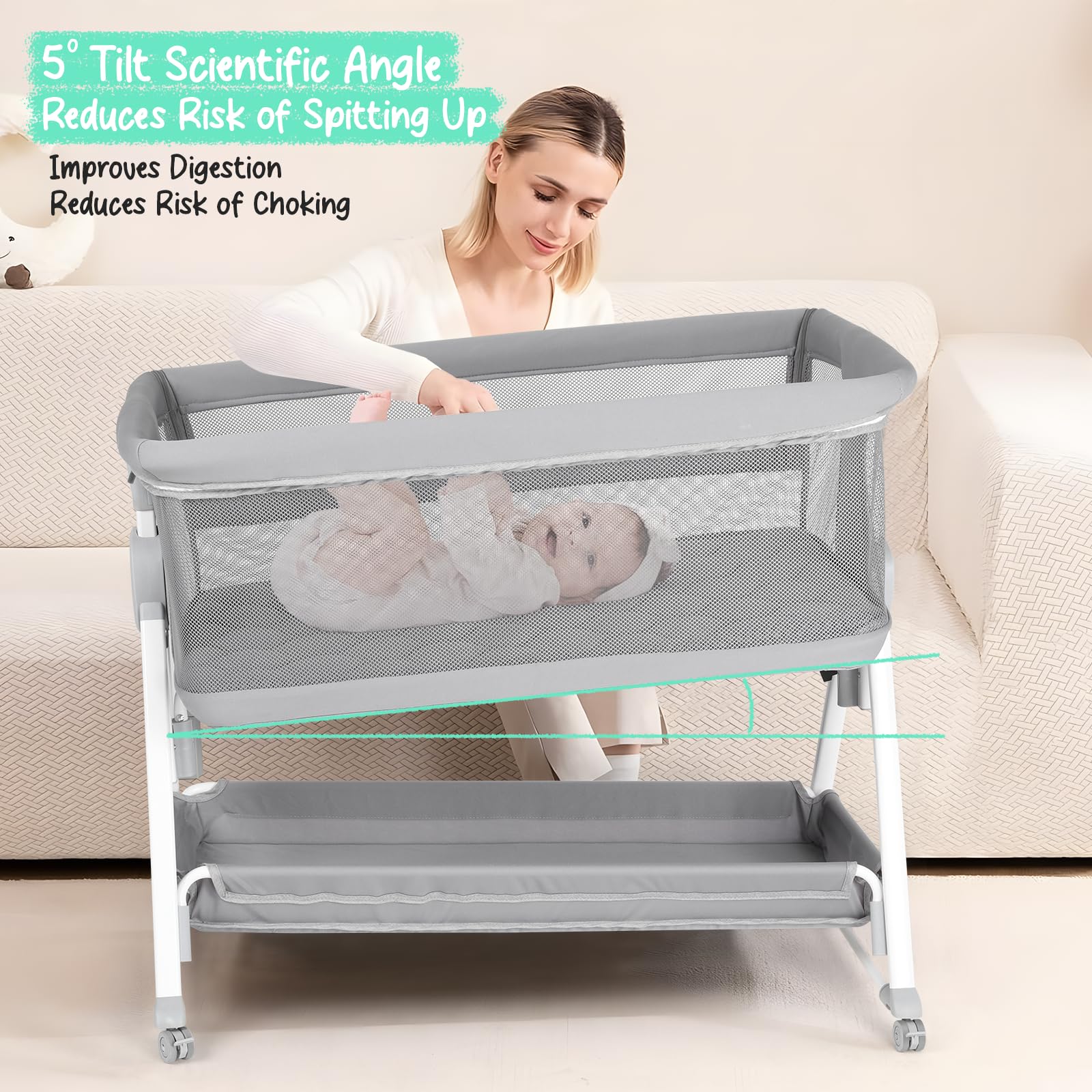 Cowiewie bassinet bedside sleeper gap-free design supports close proximity to the bed.