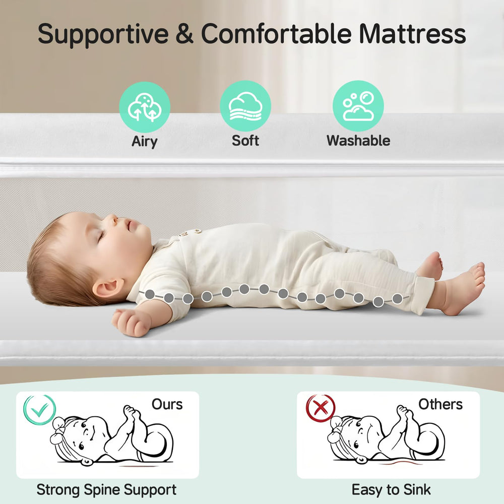 Cowiewie bassinet bedside sleeper glide-under legs frees space beside bed for compact rooms.