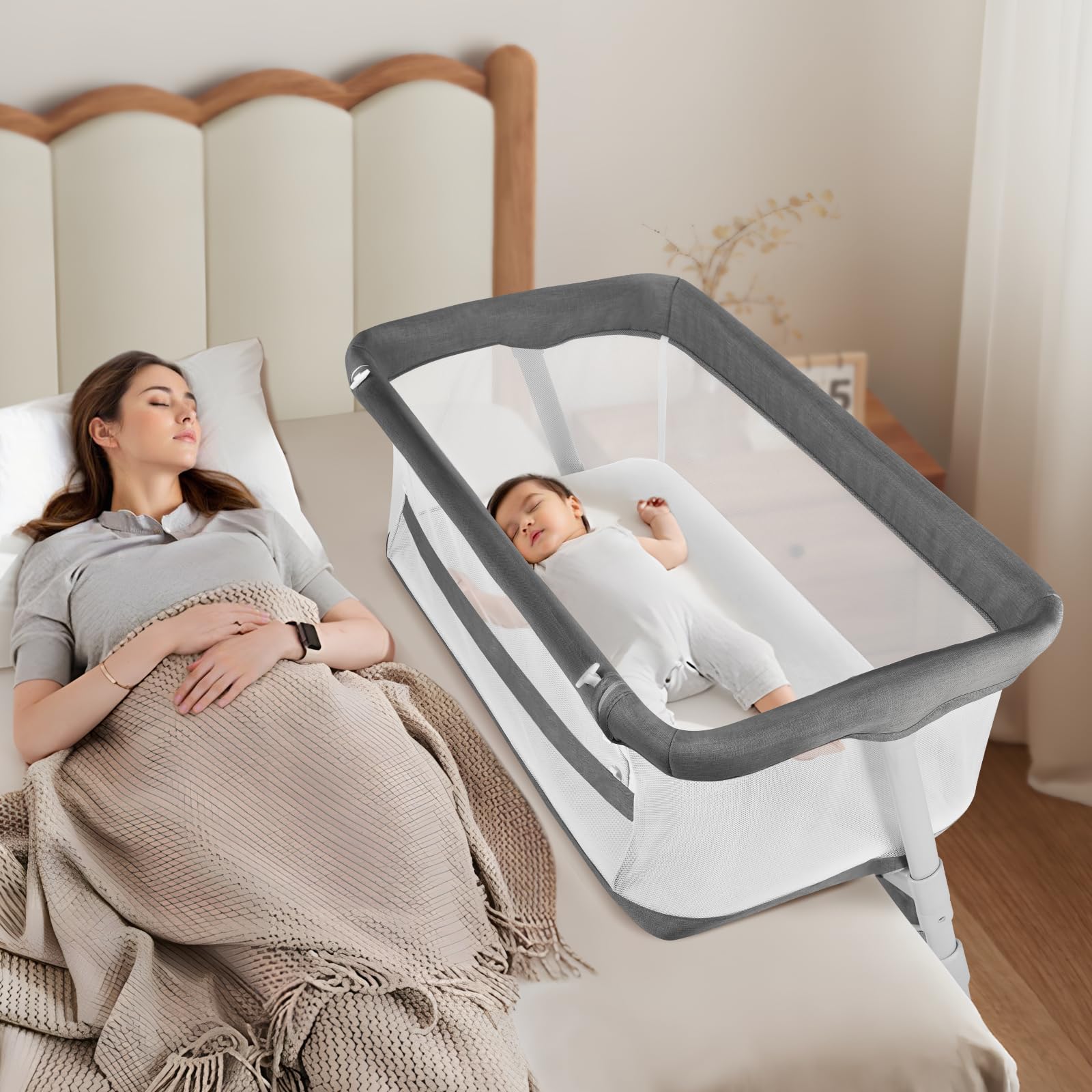 Cowiewie Bassinet Bedside Sleeper height adjustment beside bed for safer close sleep