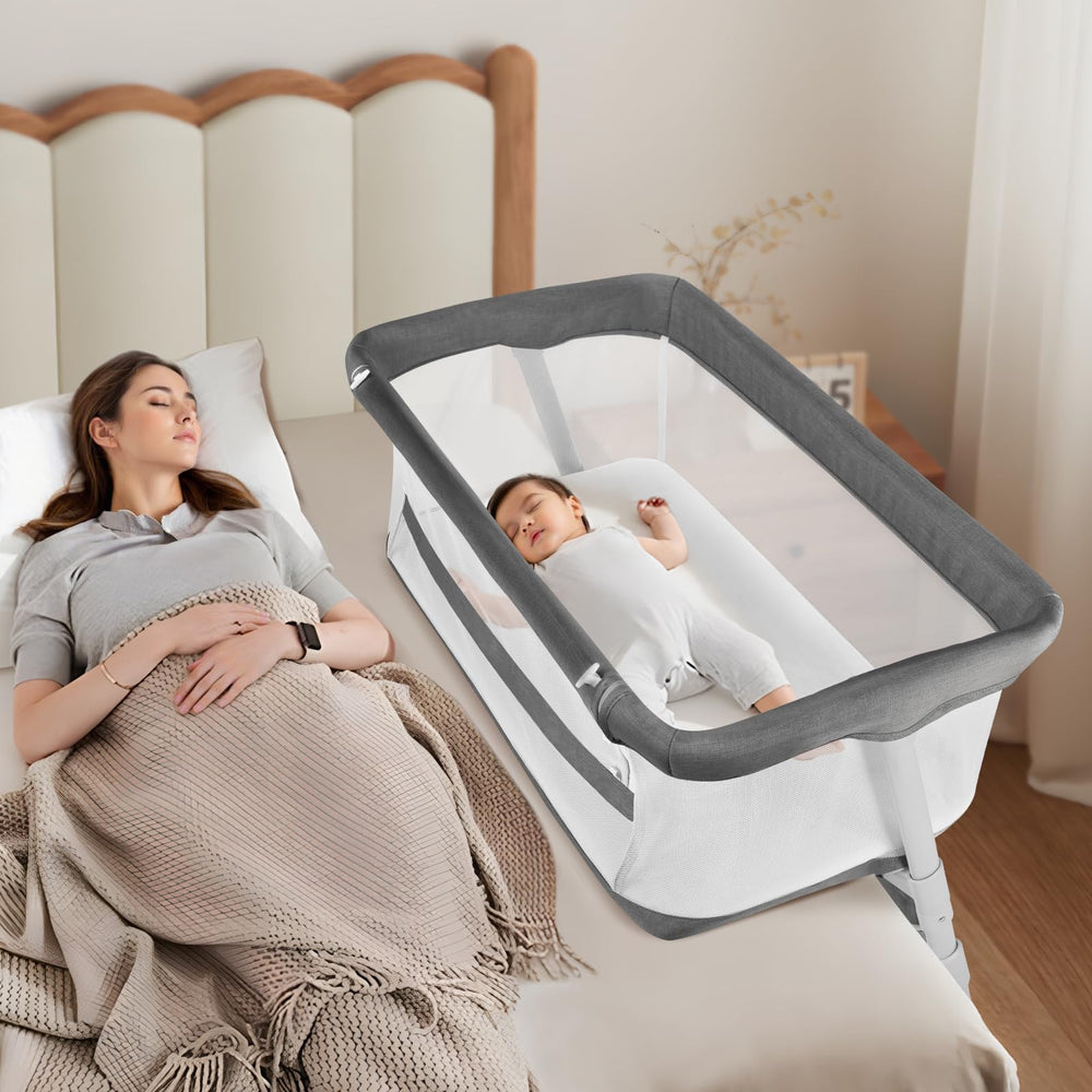 Cowiewie Bassinet Bedside Sleeper height adjustment beside bed for safer close sleep
