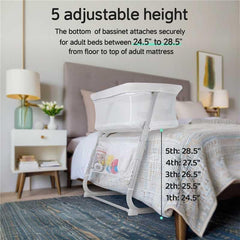 Cowiewie bassinet bedside sleeper height adjustment demonstrates easy reach during late-night feeds.