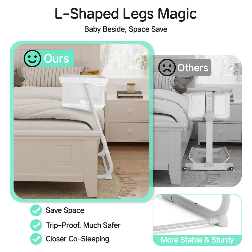 Cowiewie bassinet bedside sleeper on-bed setup offers safer proximity without bulky bars.