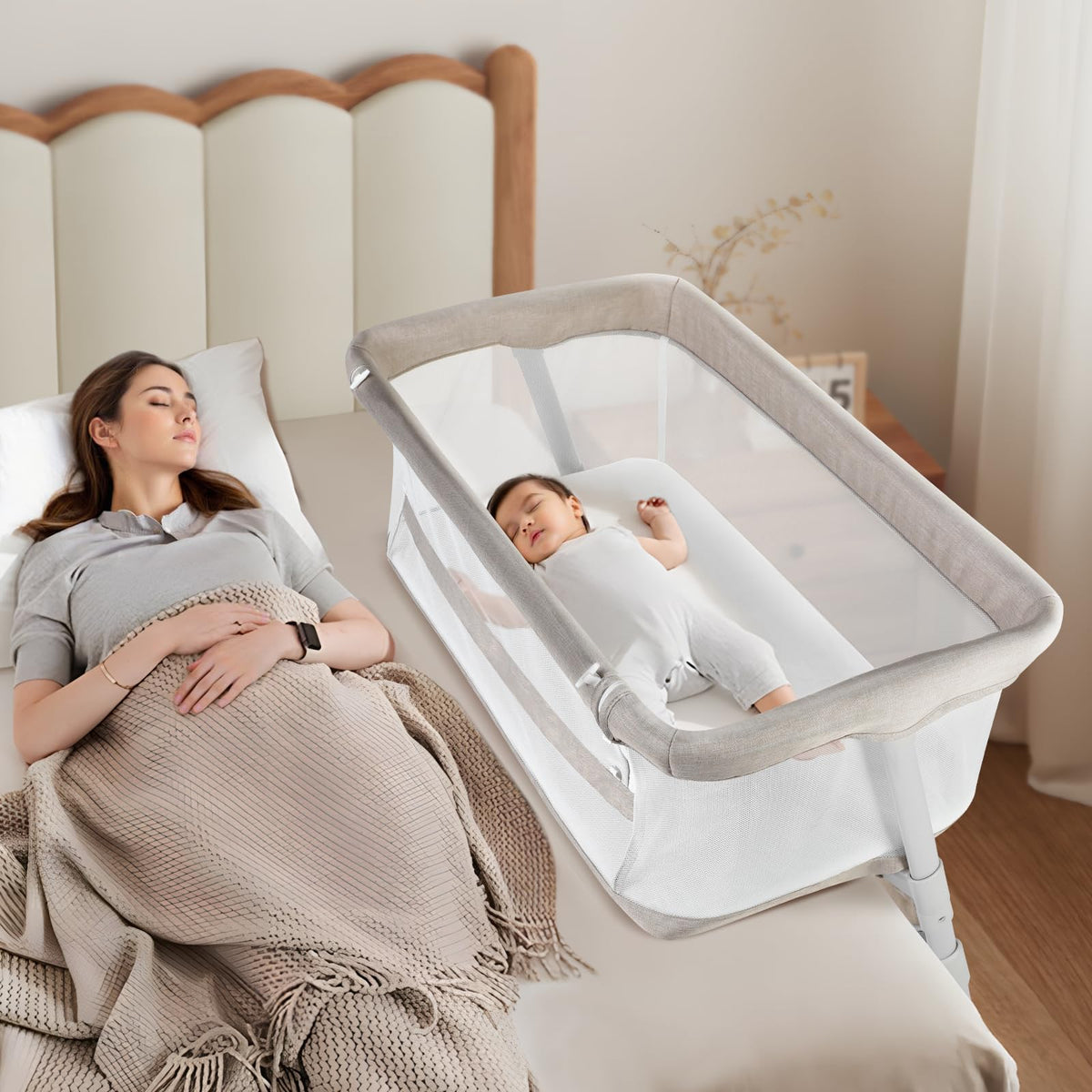Cowiewie bassinet bedside sleeper over-bed height adjustment for safe proximity