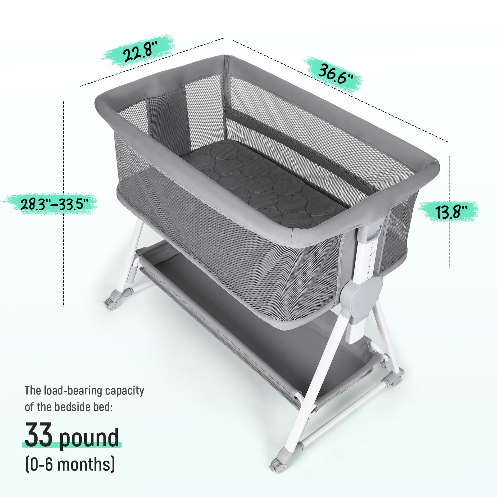 Cowiewie bassinet bedside sleeper seven-height-adjustments for easy bed-height matching.