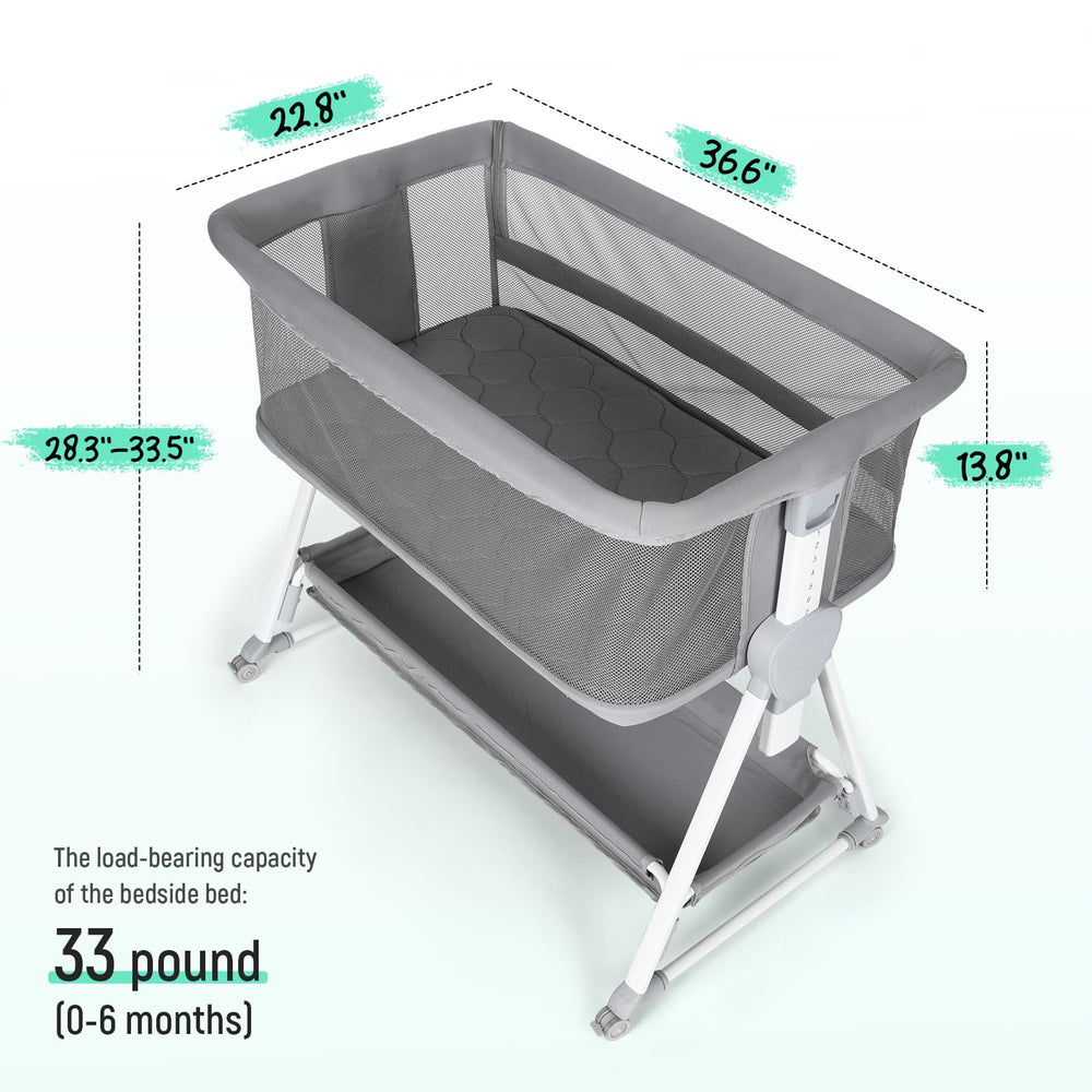Cowiewie bassinet bedside sleeper seven-height-adjustments for easy bed-height matching.