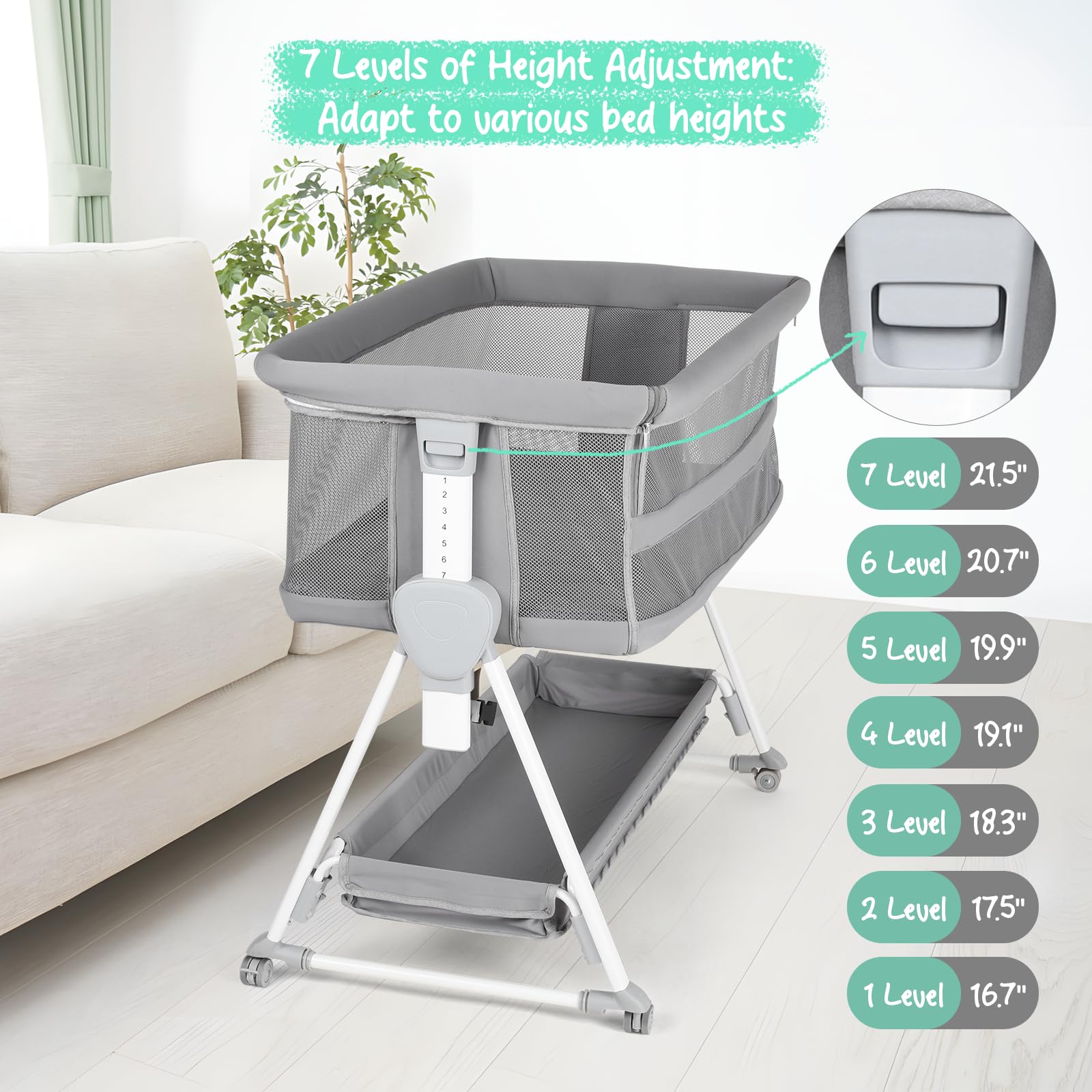 Cowiewie bassinet bedside sleeper quiet wheels glide smoothly for nighttime movement.
