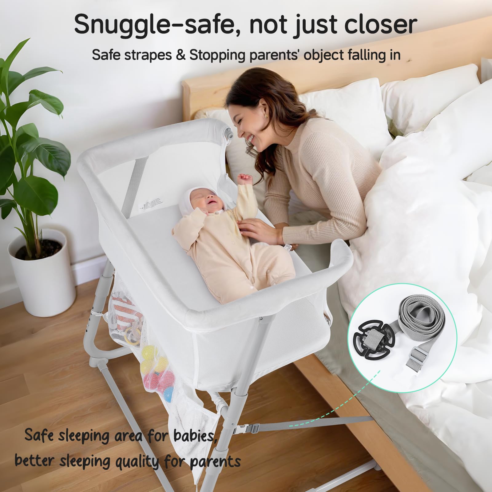 Cowiewie bassinet bedside sleeper space-saving design fits small bedrooms and RV travel.