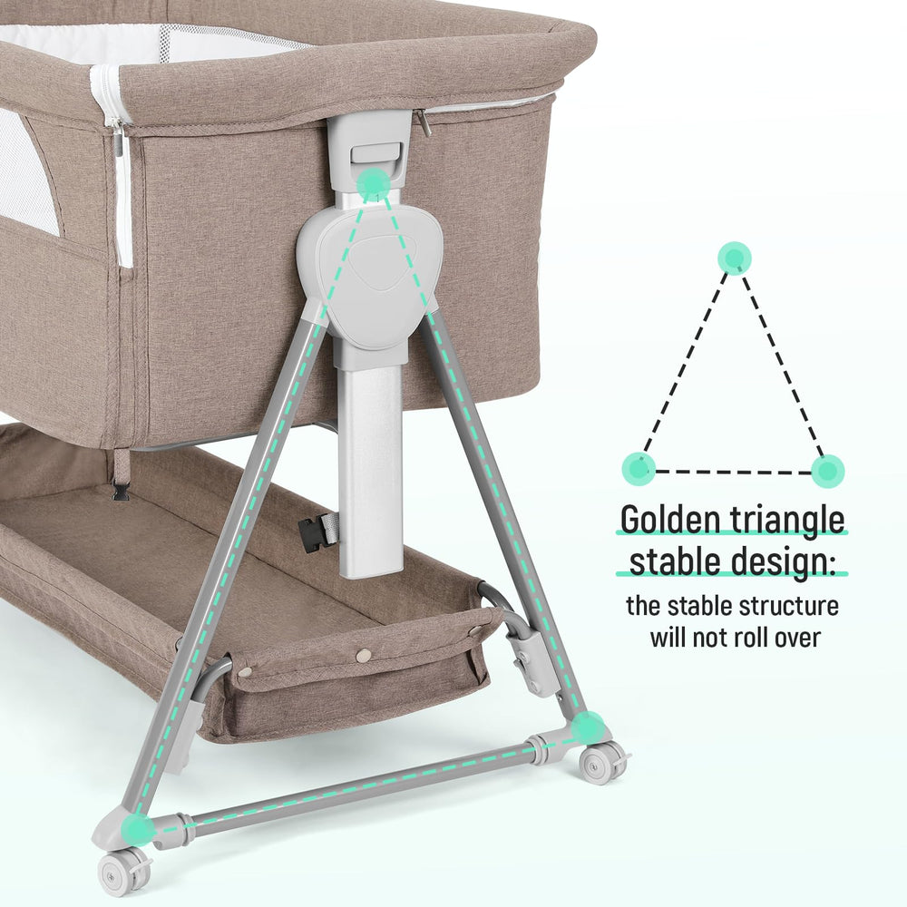 Cowiewie Bassinet Bedside Sleeper includes a large storage basket for diapers, wipes, essentials.