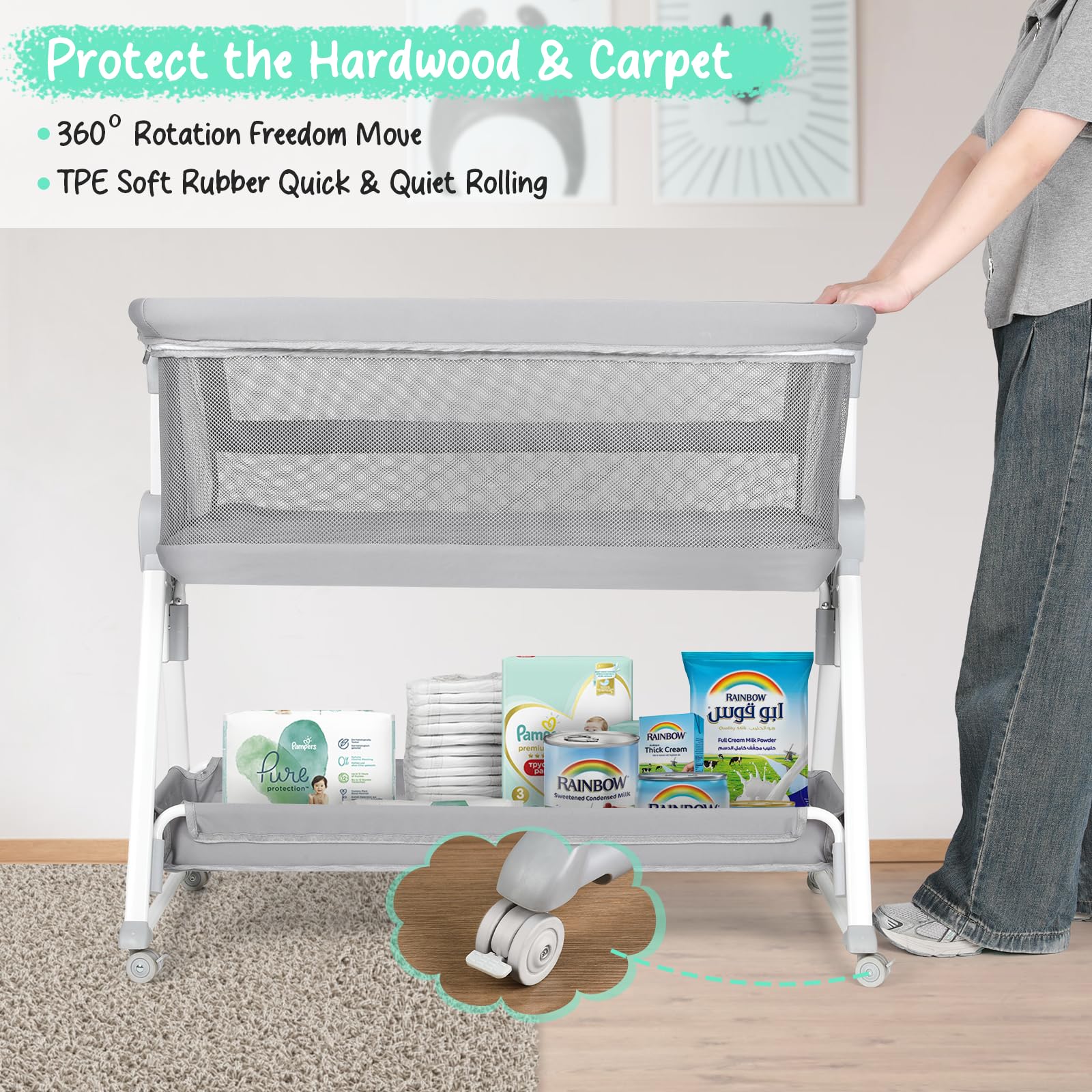 Cowiewie bassinet bedside sleeper washable mattress cover simplifies cleanup.
