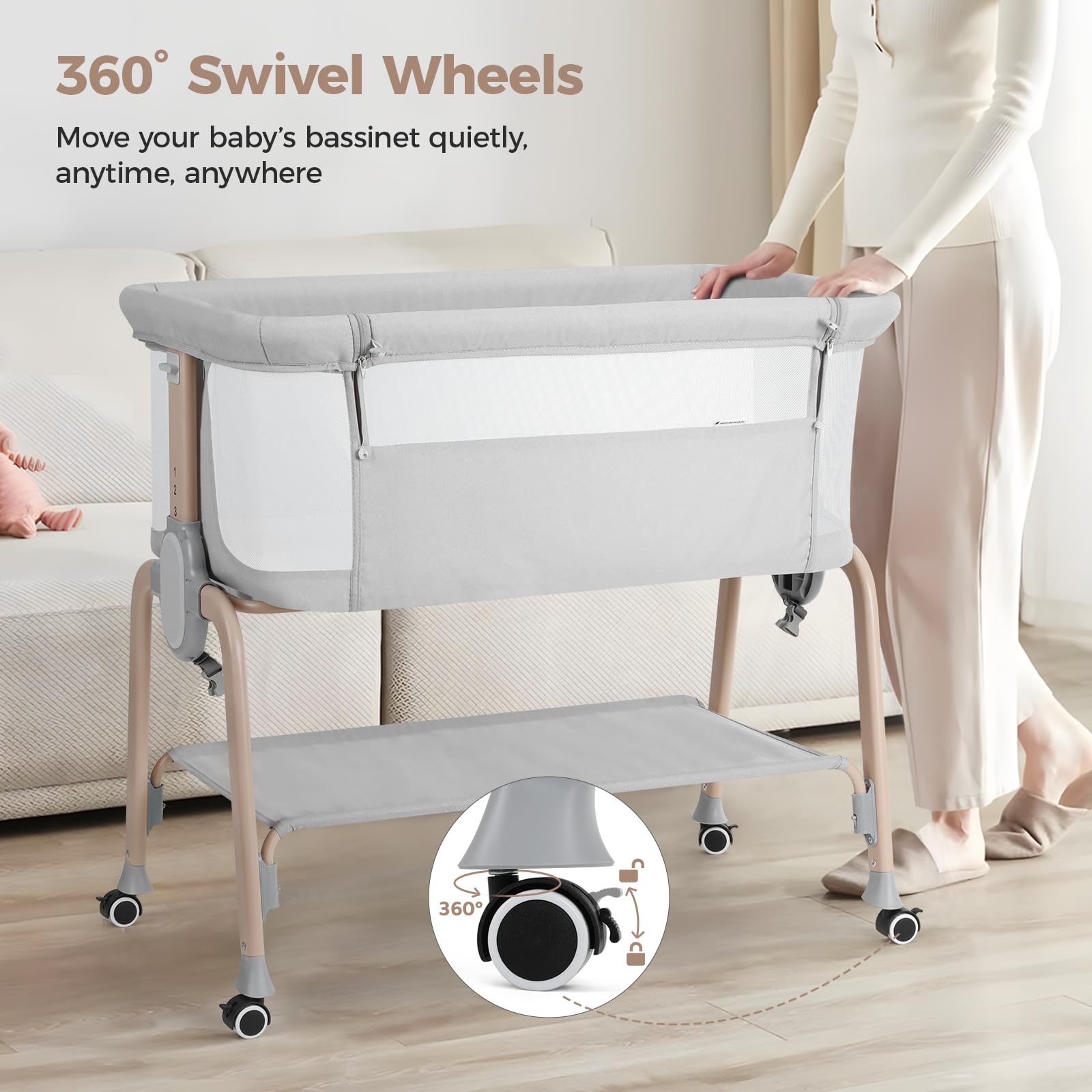 Cowiewie bassinet with four lockable wheels for quiet mobility between rooms.