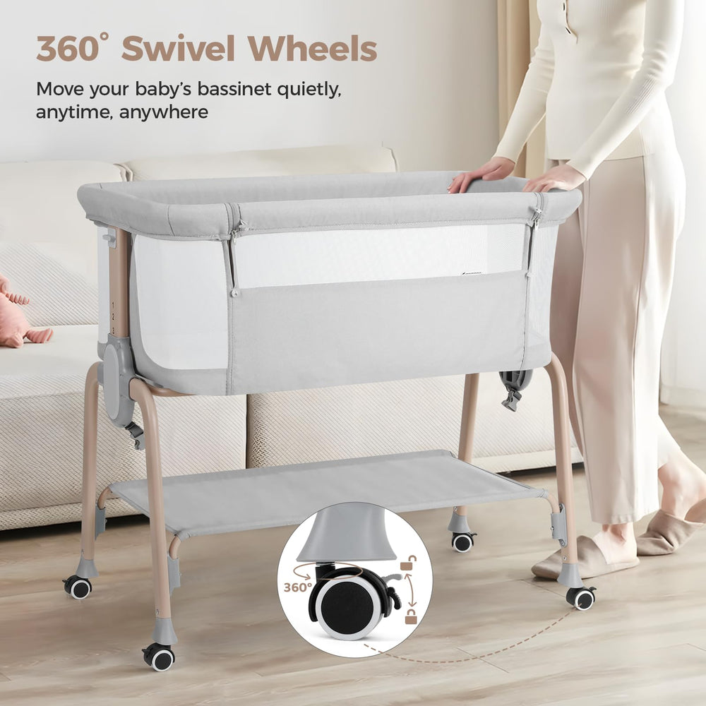 Cowiewie bassinet with four lockable wheels for quiet mobility between rooms.