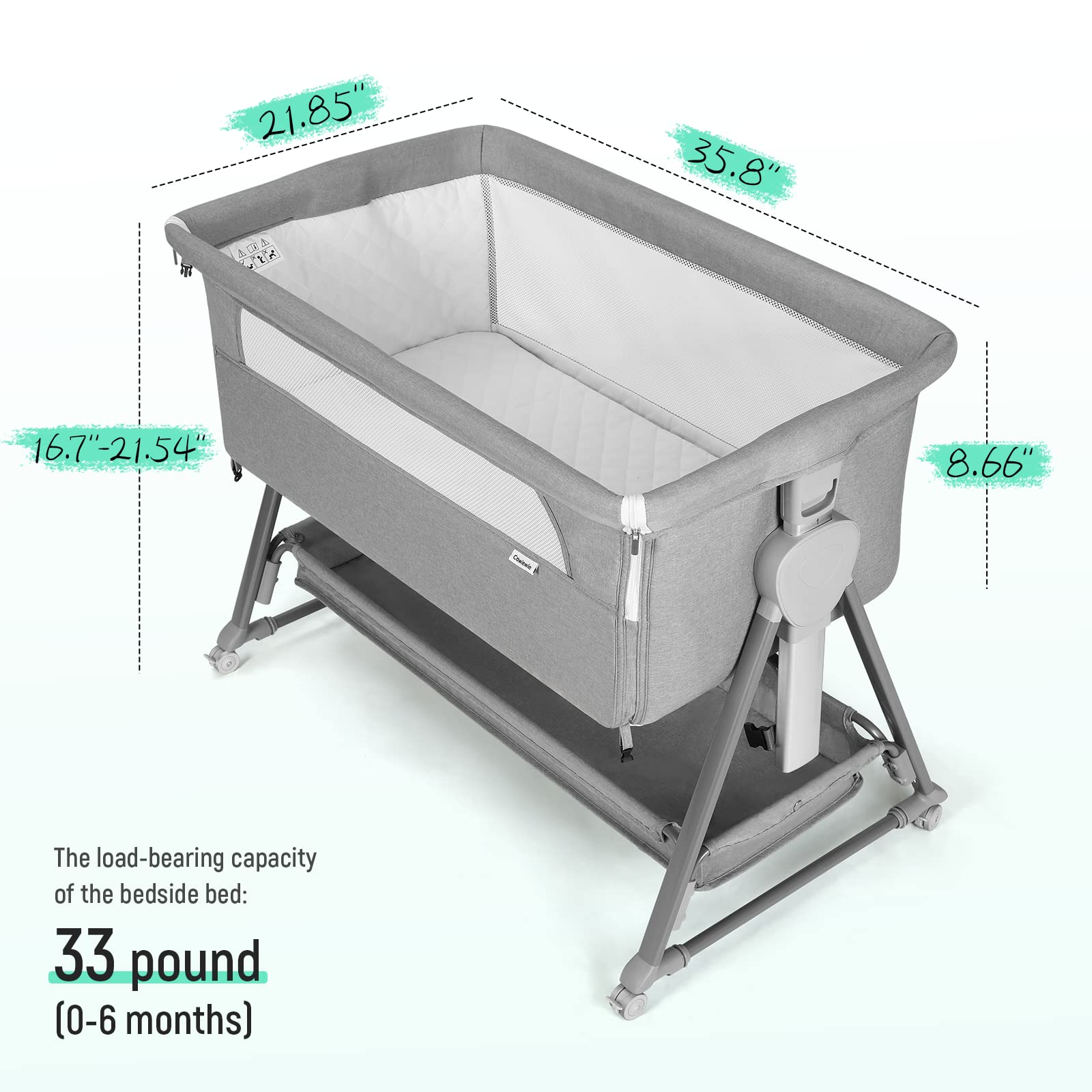 Cowiewie Bassinet Bedside Sleeper silent wheels for smooth nighttime movement.
