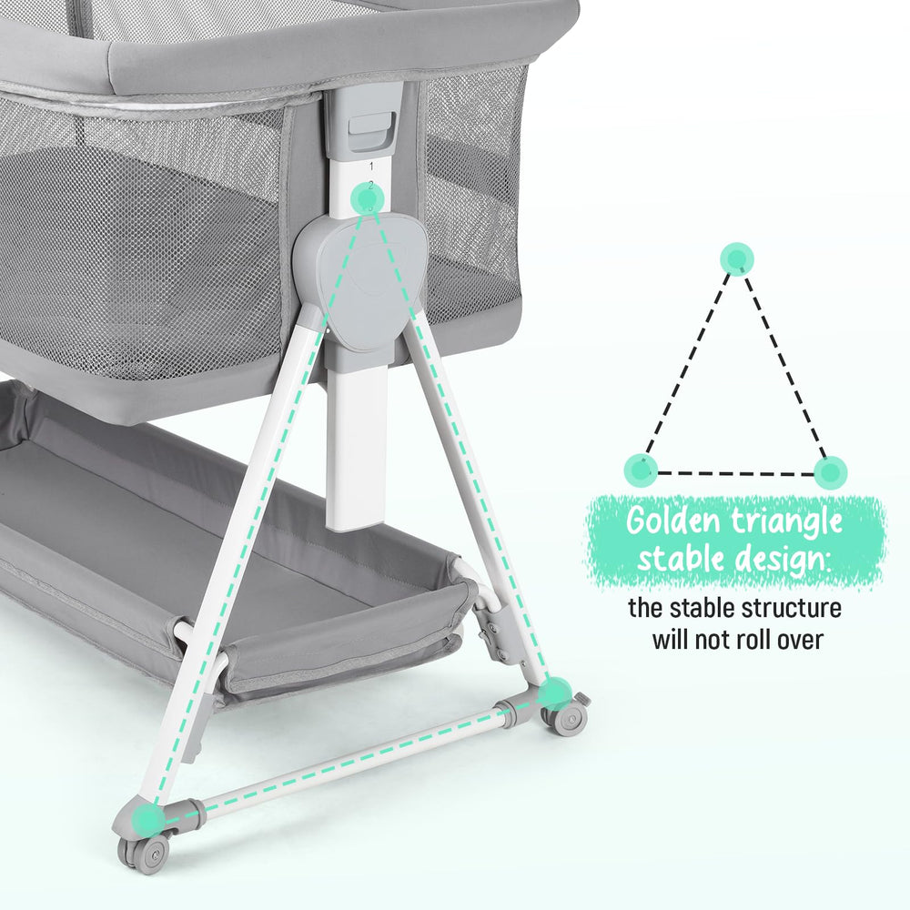 Cowiewie bassinet bedside sleeper with XL storage basket keeps essentials at hand.