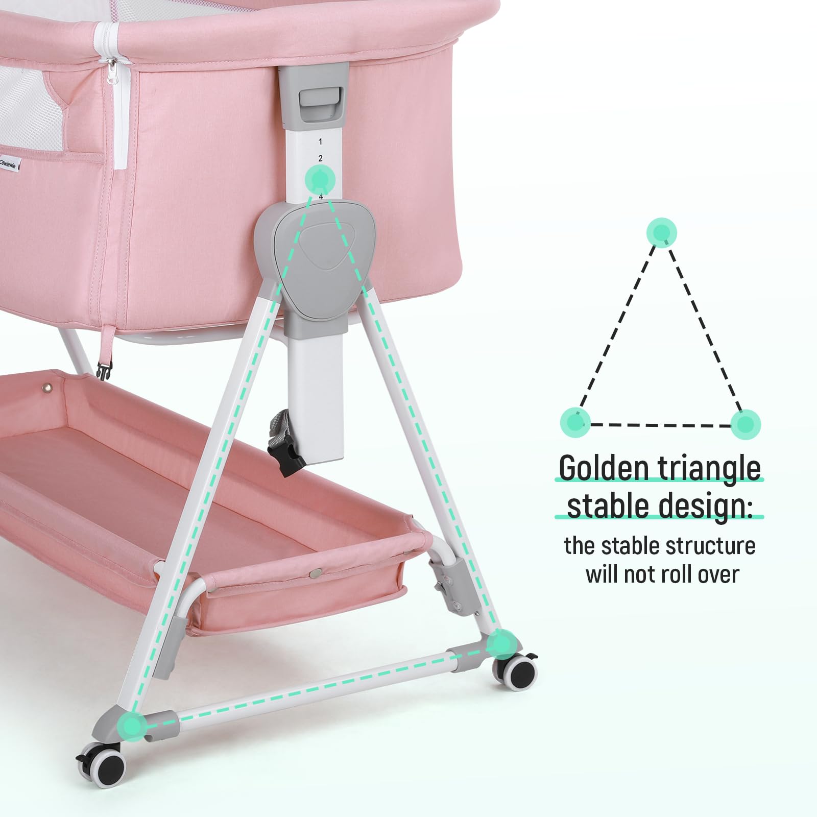 Cowiewie Bassinet breathable mesh sides promote airflow and caregiver visibility.