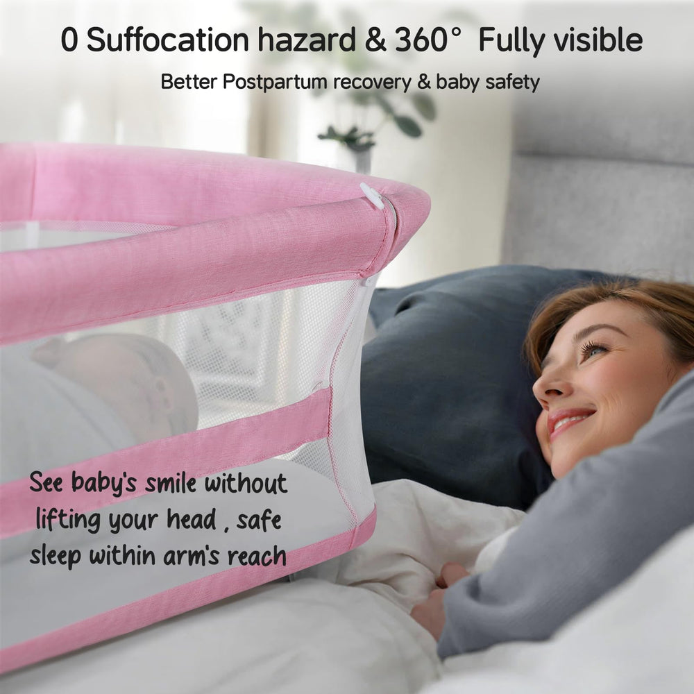 Cowiewie Bassinet in a cozy bedroom setup showcases space-saving design.