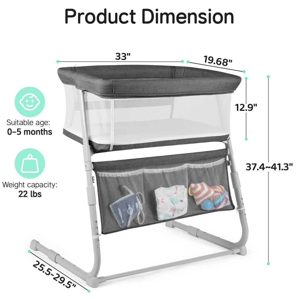 Cowiewie Bassinet five height positions demonstrate versatile bedside positioning for different bed heights