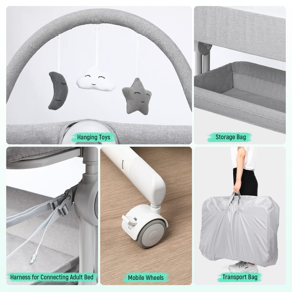 Cowiewie bassinet folding design with carry bag for travel and storage.