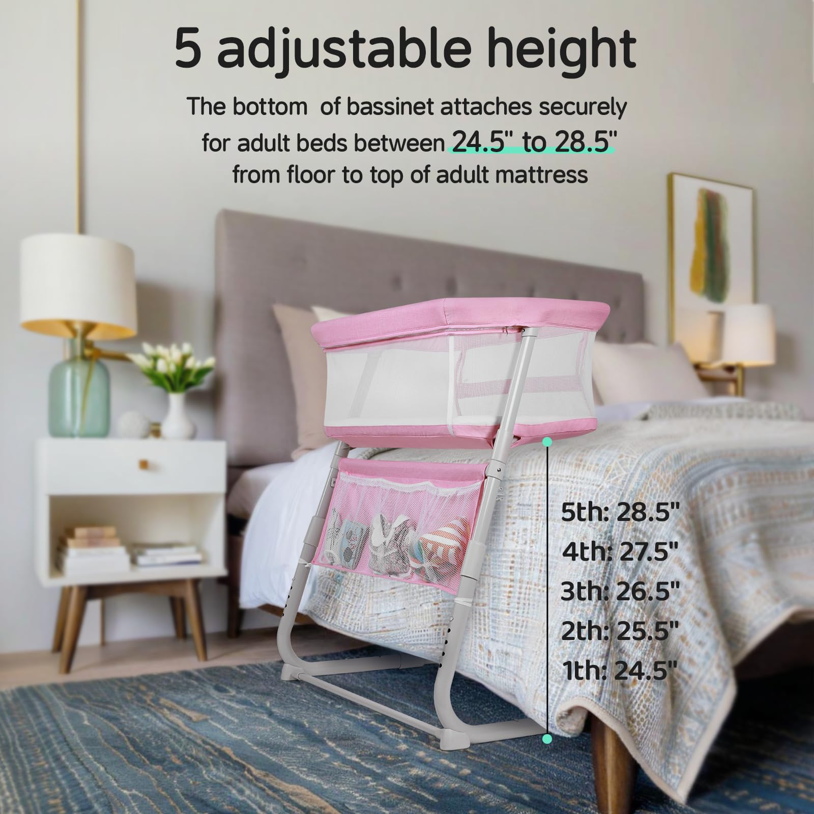 Cowiewie Bassinet glide-under-legs saves space beside the bed.