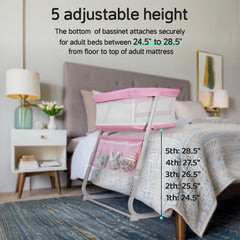 Cowiewie Bassinet glide-under-legs saves space beside the bed.