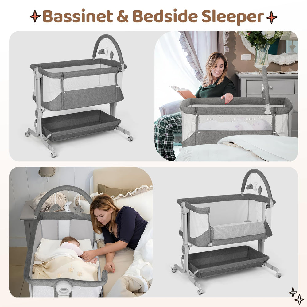 Cowiewie bassinet height adjustable grey fits different bed heights