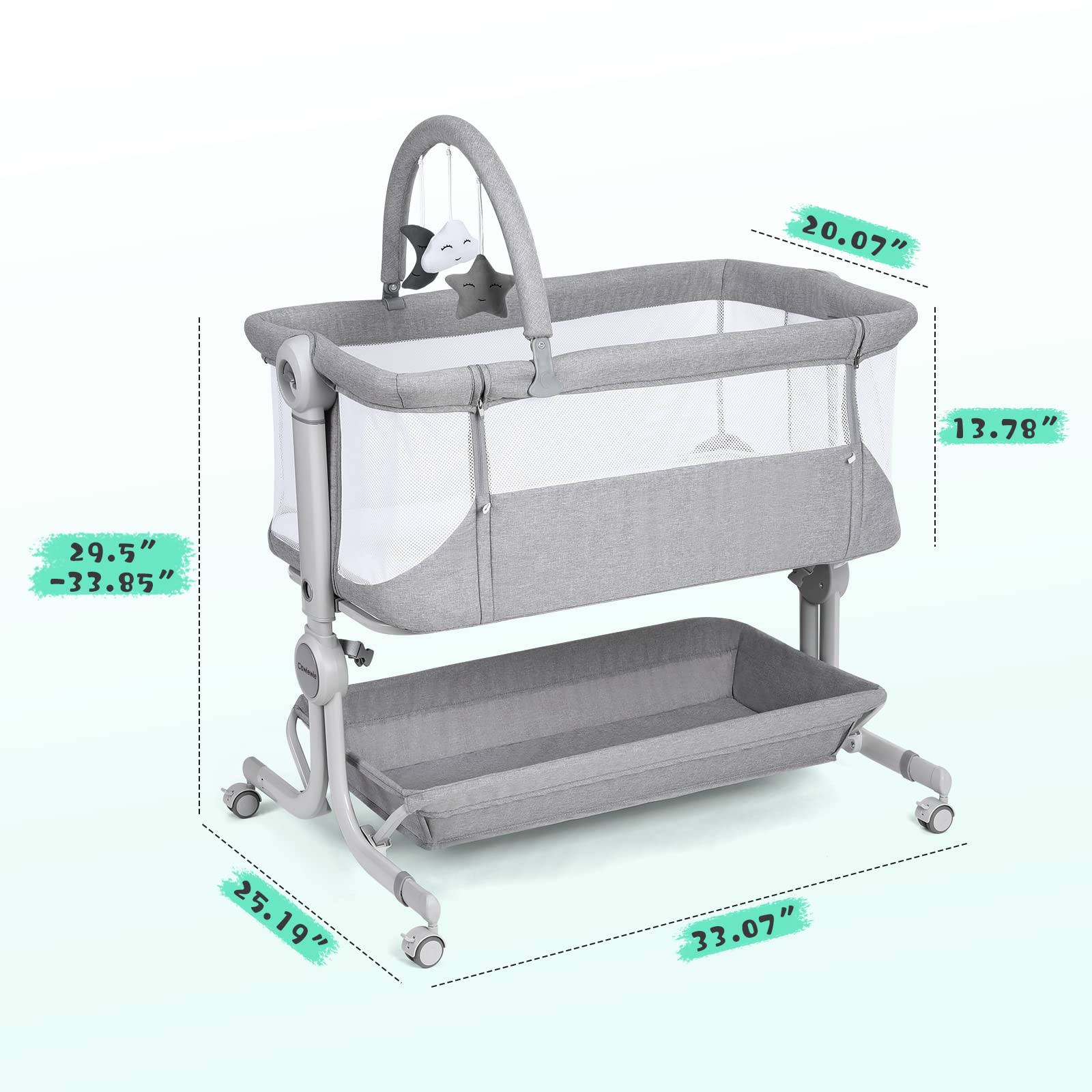 Cowiewie bassinet adjustable height ensures cozy alignment with parents' bed.